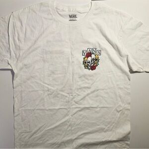 Vans White Tee with Red Rose and Yellow Skull Chest Logo
